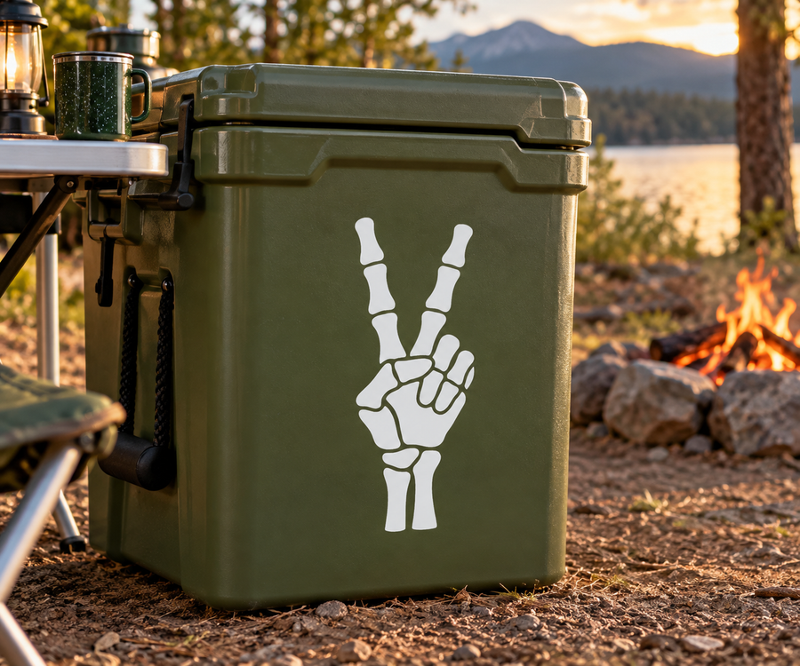 Skeleton hand peace sign vinyl decal, white bone outline