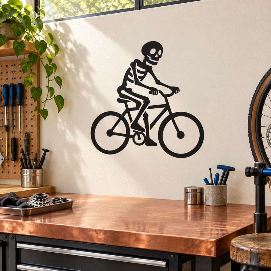 Skeleton riding bicycle vinyl decal, black skeleton on bike silhouette