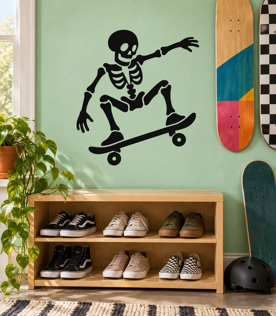 Black skeleton skateboarding vinyl decal, stylized skeleton with outstretched arms