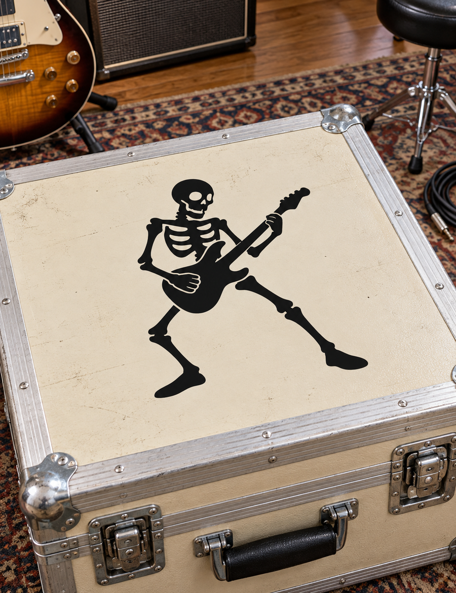 Skeleton playing guitar vinyl decal on beige case, black silhouette