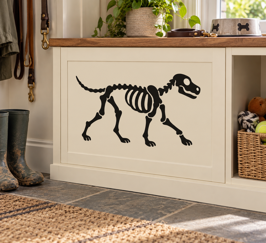 Walking skeleton dog vinyl decal, black bone-art design for flat surfaces