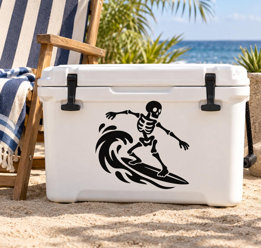 Skeleton surfer vinyl decal: black skeleton riding a surfboard with wave graphic