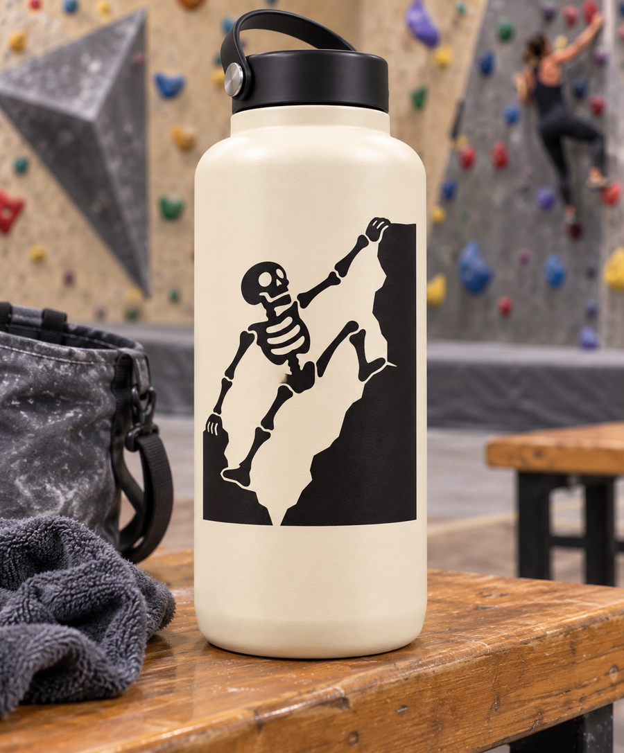 Skeleton Rock climber vinyl decal with black skeleton silhouette on light background