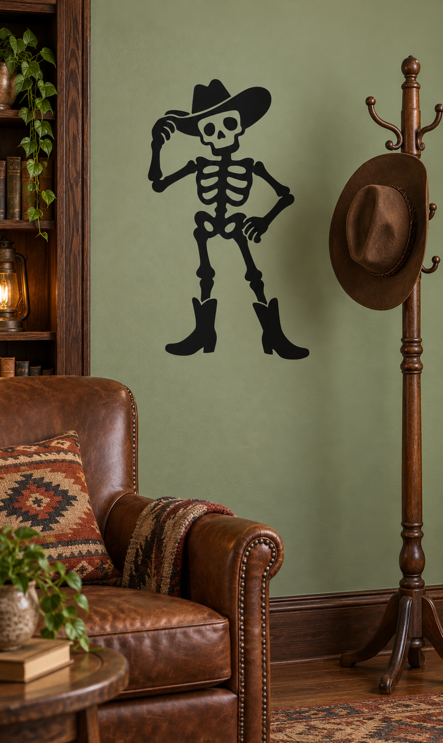 Black cowboy skeleton vinyl decal, full-body standing with hat and boots