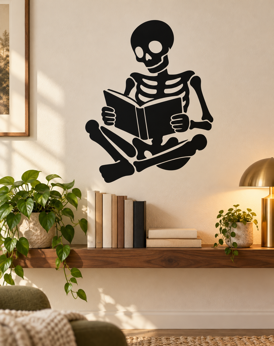 Skeleton reading book black vinyl wall decal, with bones and open book design