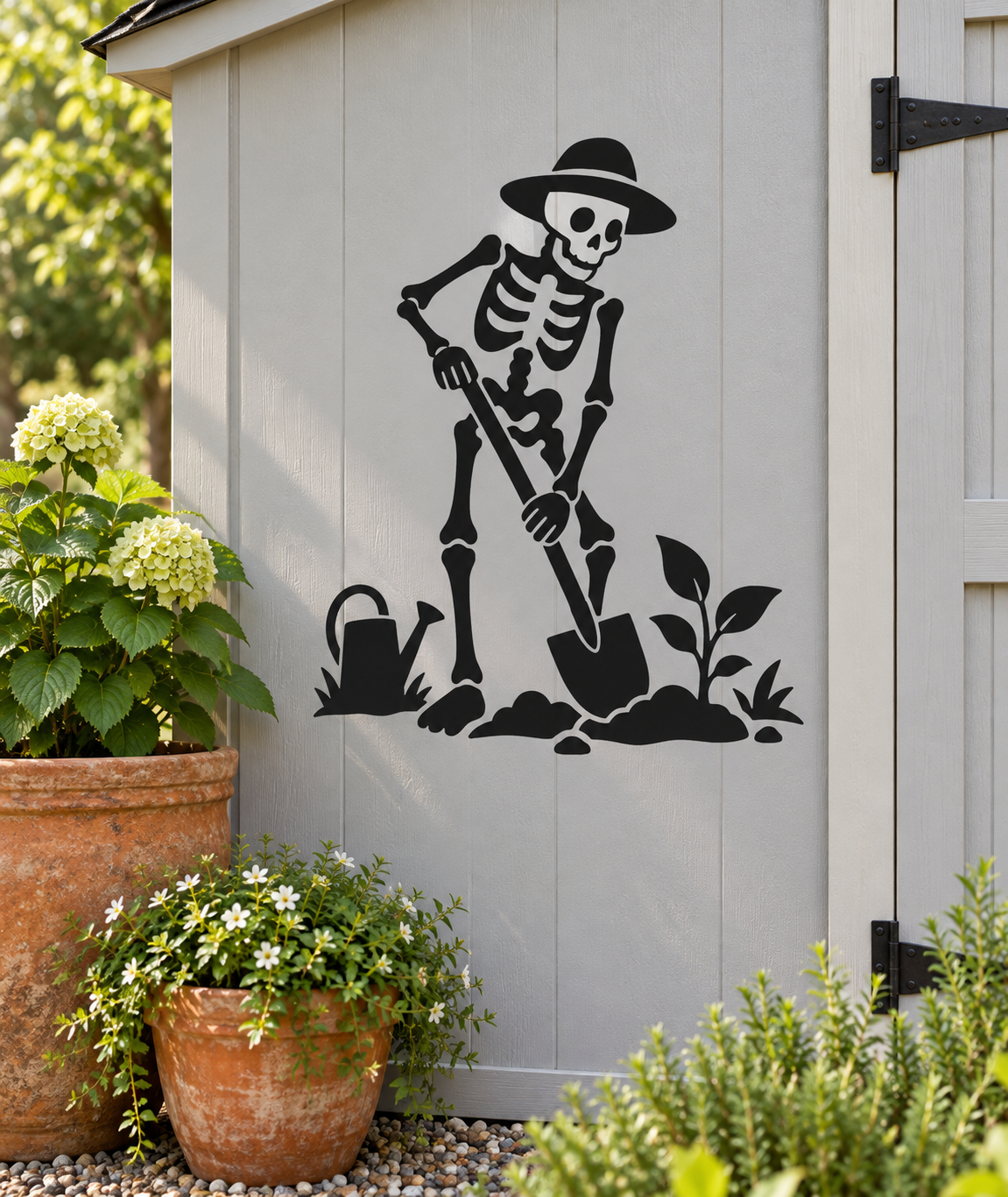 Skeleton gardener vinyl decal with black skeleton holding spade and plants