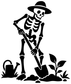 Skeleton gardener vinyl decal in black: hat skeleton holding spade with leafy plants