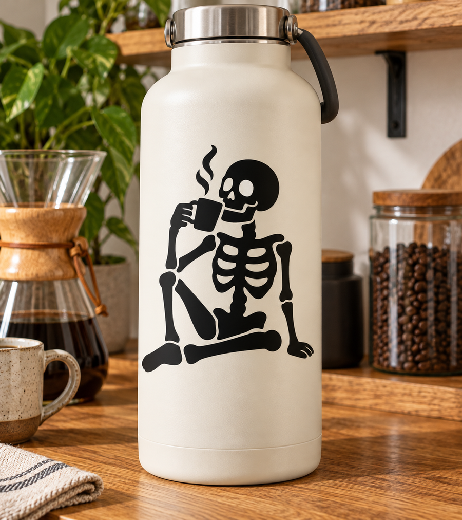 Black skeleton drinking coffee vinyl decal, holding a mug with steam