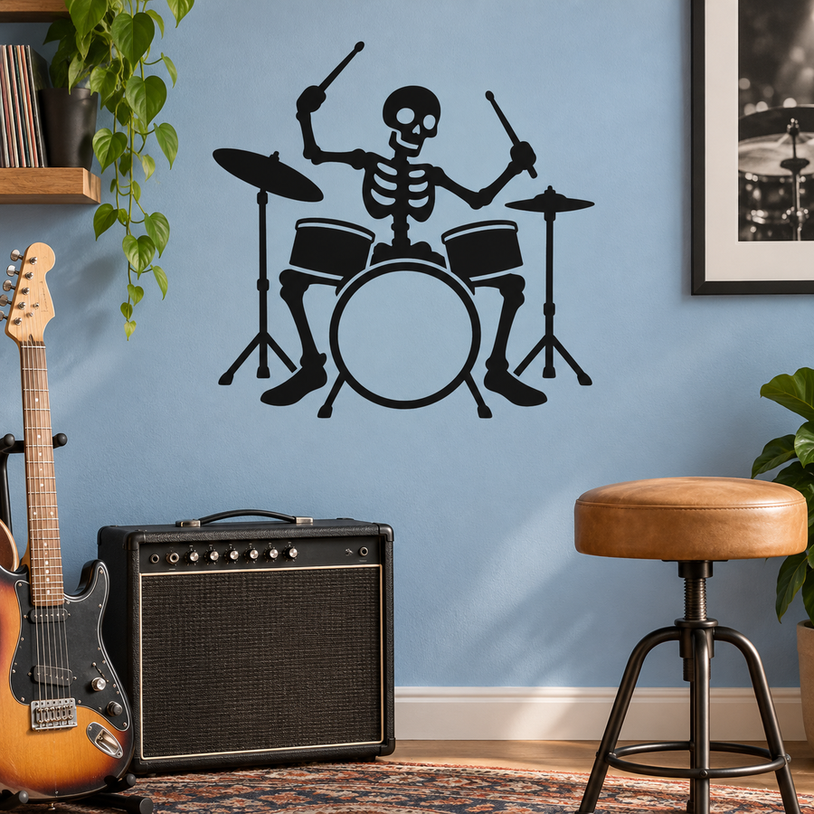 Skeleton drummer vinyl decal with skull and drum set, black silhouette