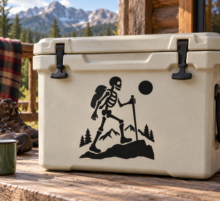 Black skeleton hiking profile vinyl decal with mountains, trees, and a trekking pole