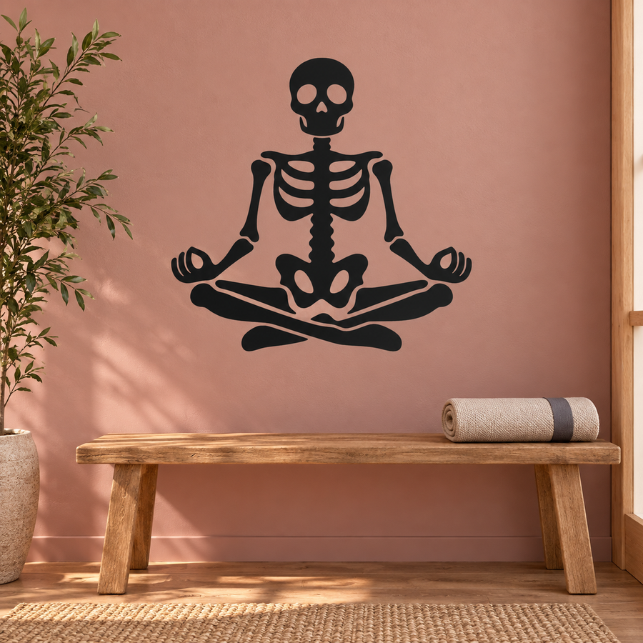 Skeleton in lotus pose vinyl decal, black meditating skeleton silhouette