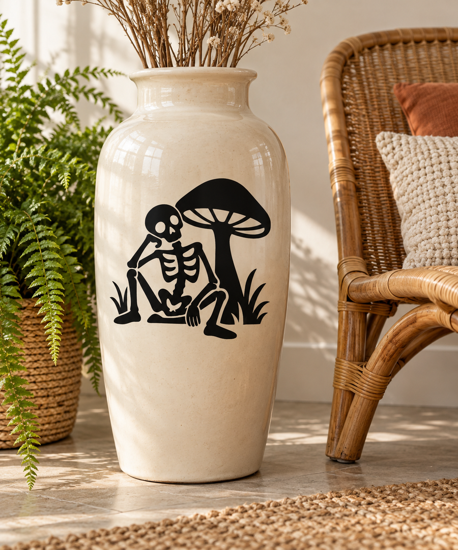 Skeleton and mushroom vinyl decal with black skeleton, mushroom, and grass accents