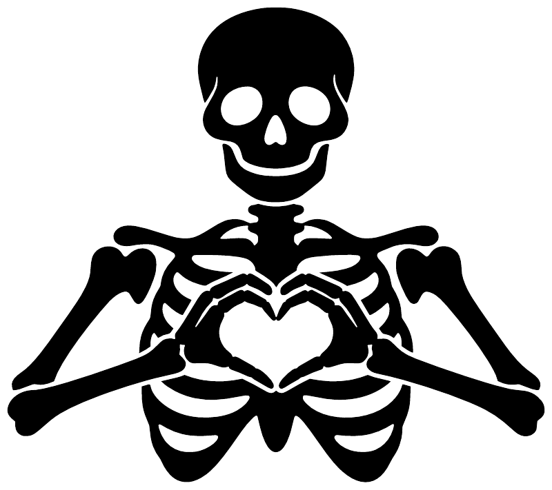 Black skeleton hands holding a heart vinyl wall decal, skull with outstretched arms