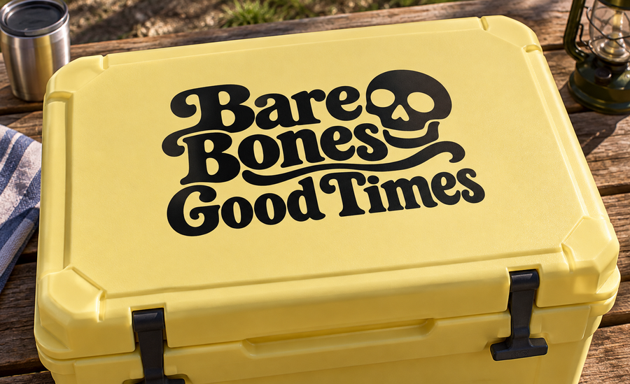 Bare Bones Good Times vinyl decal with skull logo on yellow lunch box