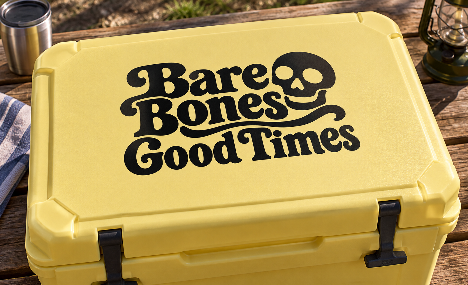 Bare Bones Good Times vinyl decal with skull logo on yellow lunch box
