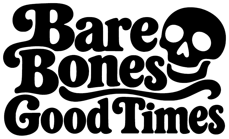 Bare Bones Good Times vinyl decal text with skull icon, black and white