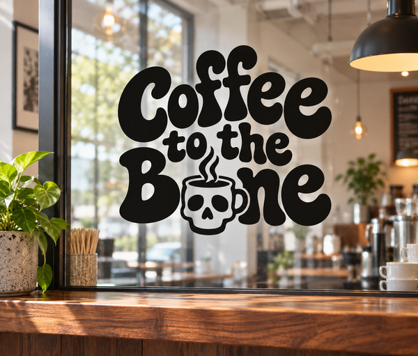 Black vinyl coffee slogan decal with skeleton skull, placed on glass window