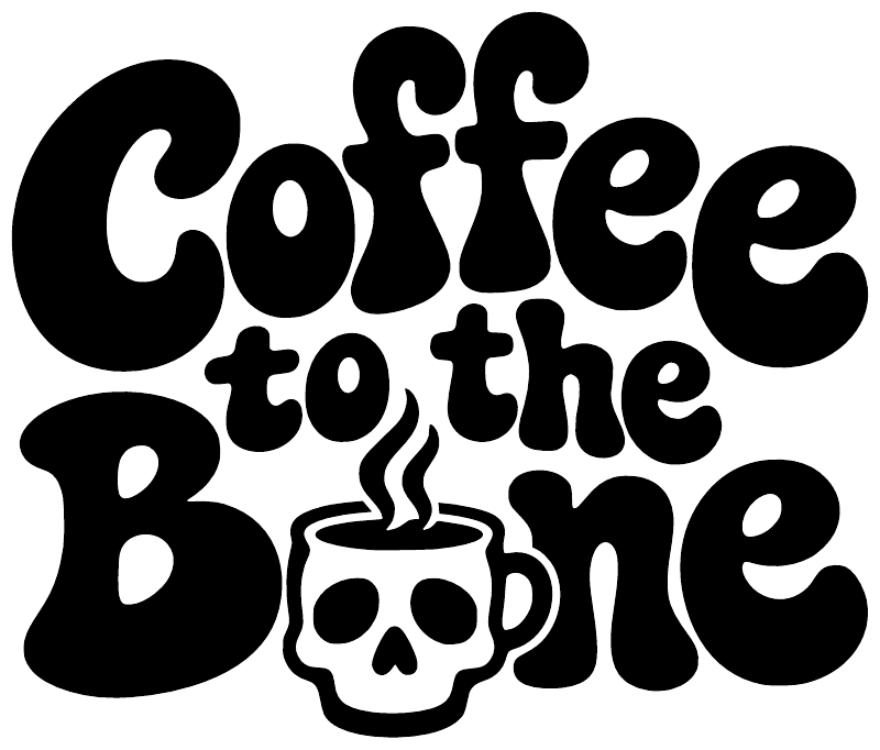 Black coffee to the bone vinyl decal with skeleton skull and flames on white background