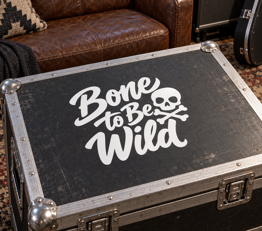 Bone to Be Wild vinyl decal with skull graphic and white lettering