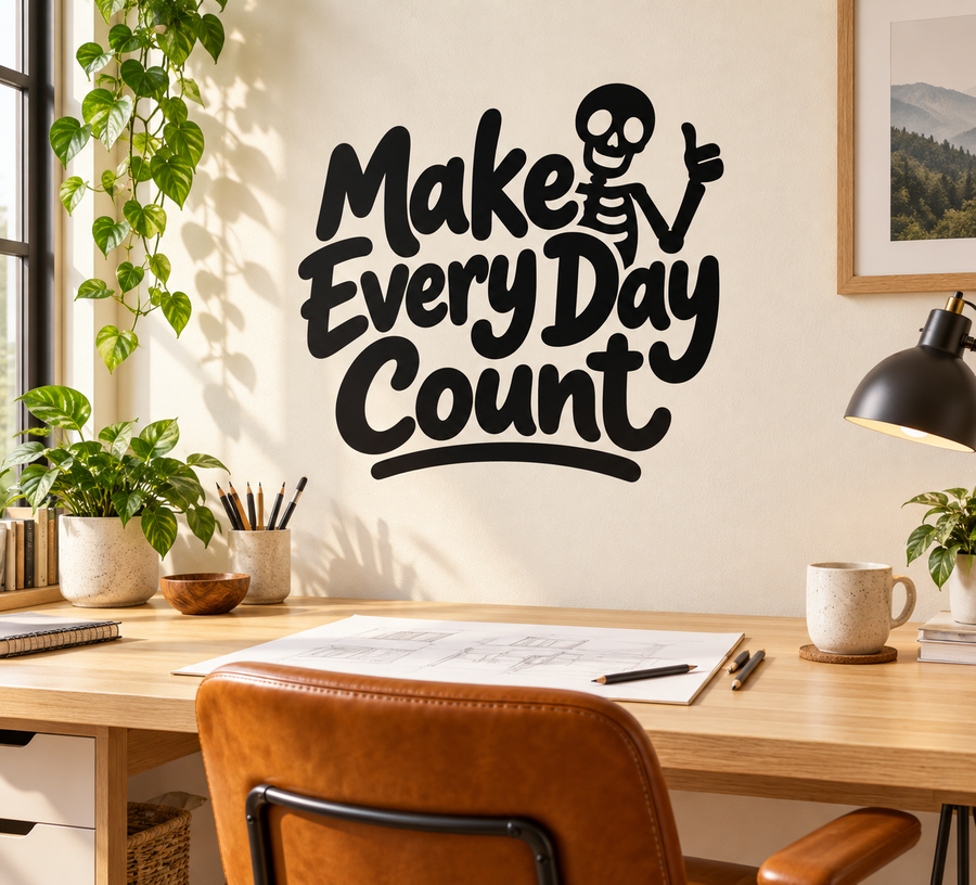 Skull-and-skeleton themed vinyl wall decal with “Make Every Day Count” text