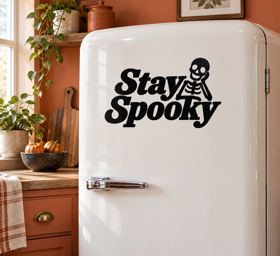 Black Stay Spooky skeleton vinyl decal for refrigerator, curved text with skull figure