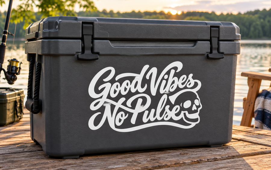 Good Vibes No Pulse vinyl decal with skull design on dark cooler lid