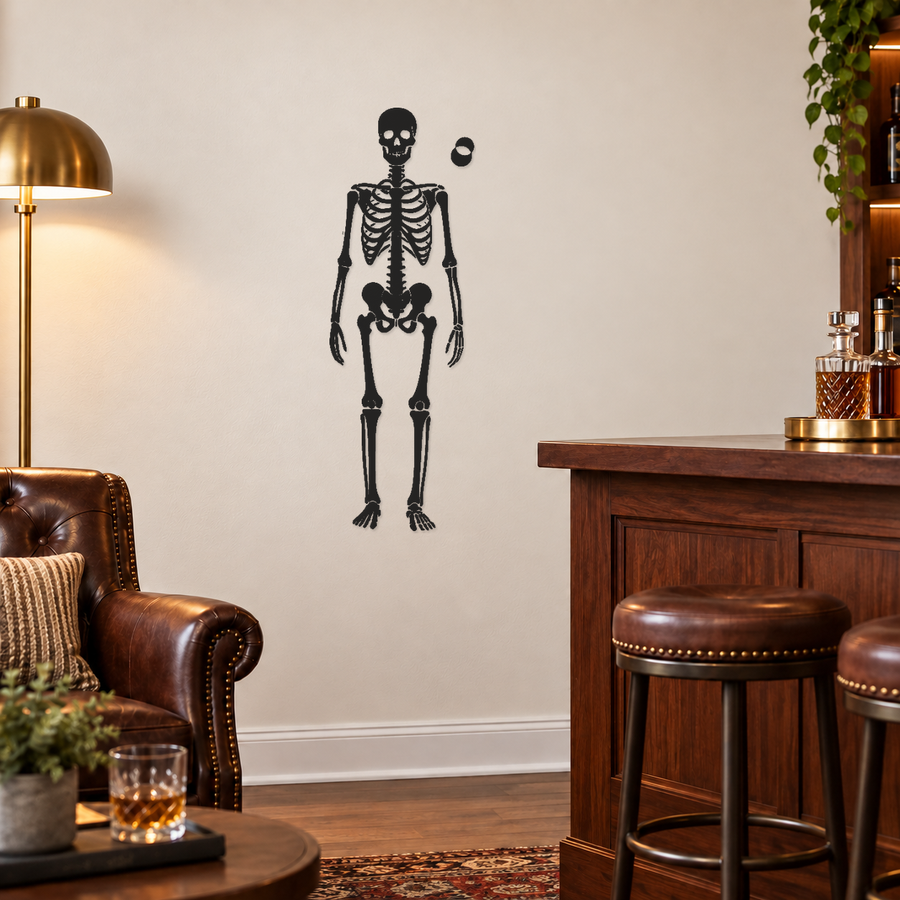 Skeleton vinyl wall decal with crescent moon accent, standing full-body design