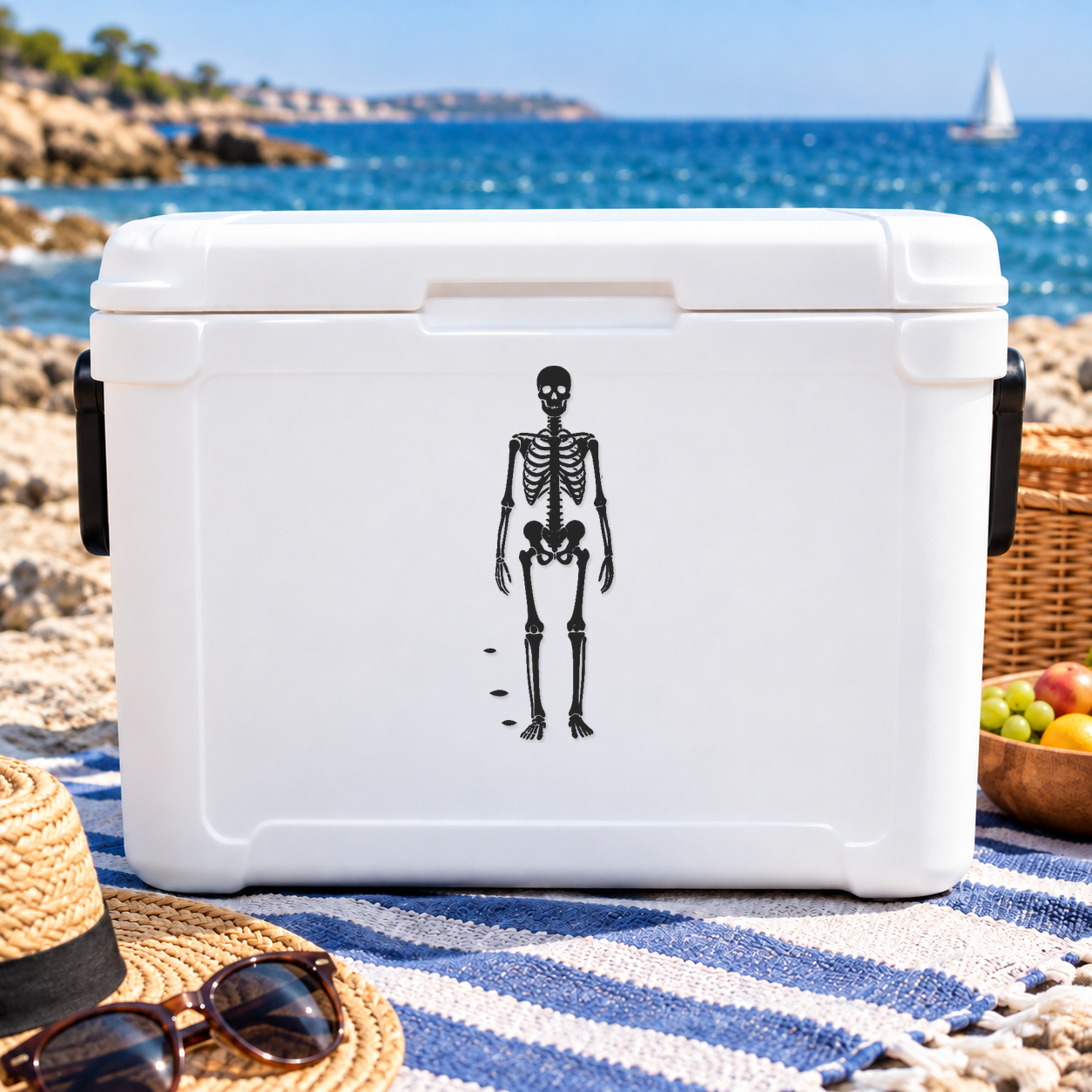 White cooler with standing skeleton graphic on the front panel