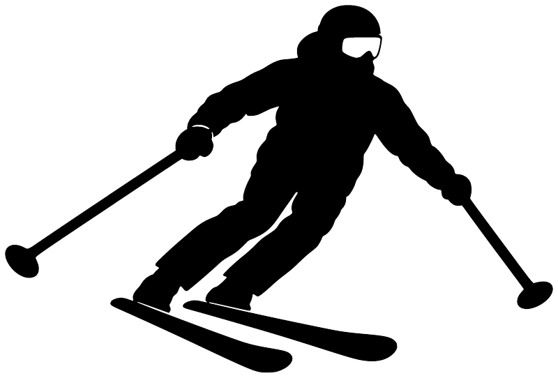 Skiing vinyl decal silhouette of skier with poles and skis, solid black.