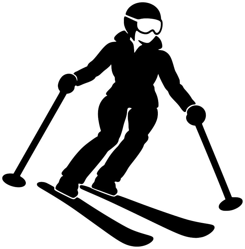 Skiing vinyl decal of black skier silhouette on skis holding poles