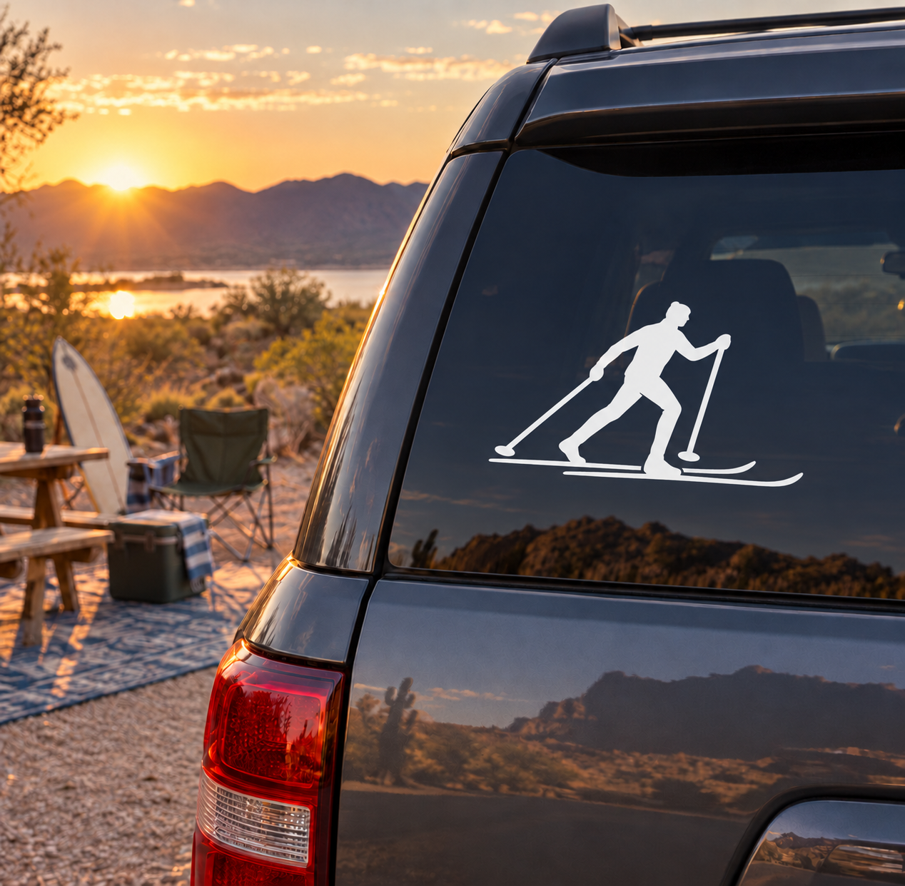 Cross-country skiing vinyl decal on car rear window, white skier with poles silhouette