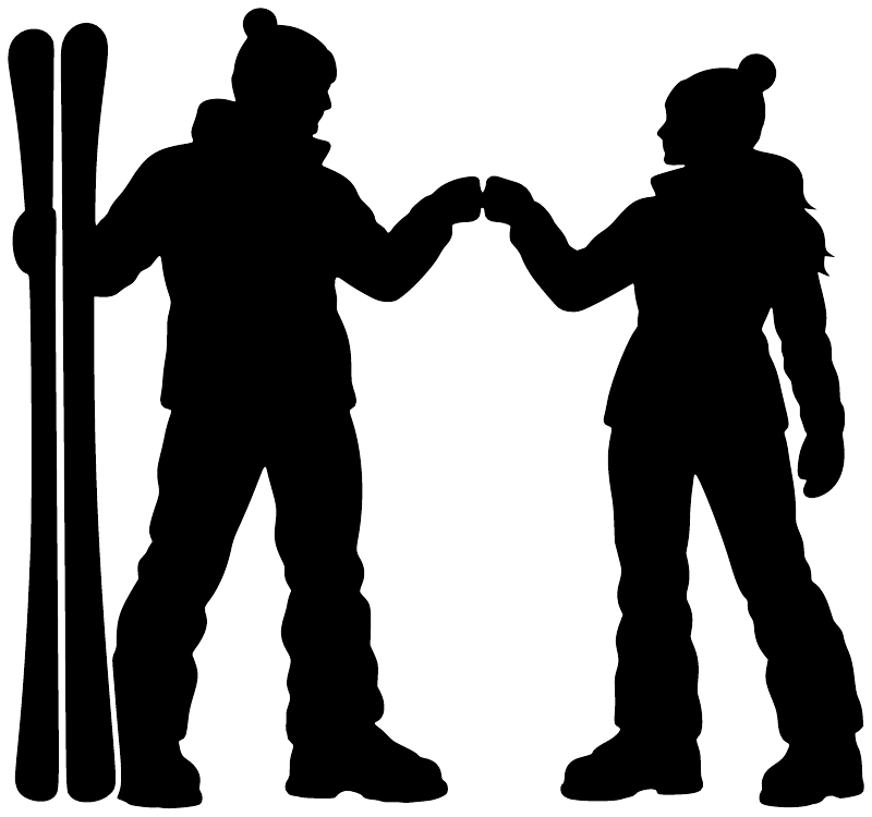 Skiing vinyl decal graphic with three skiers and poles in white silhouette