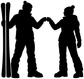Skiing vinyl decal graphic with three skiers and poles in white silhouette