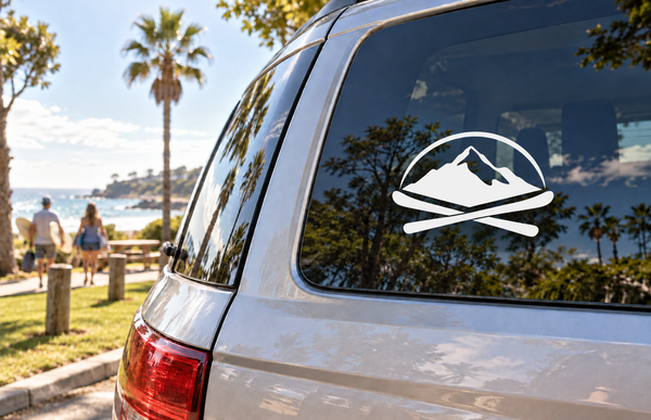 Skiing mountain ski arch vinyl decal on car rear window, black and white
