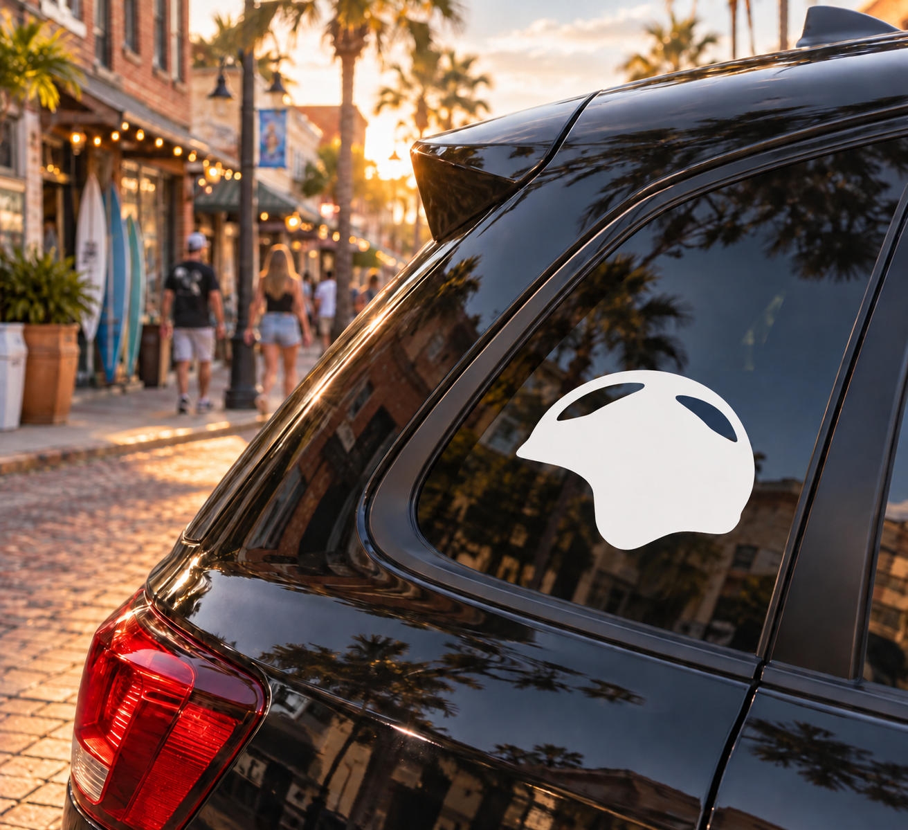 Skiing helmet vinyl decal, white helmet icon on dark car window