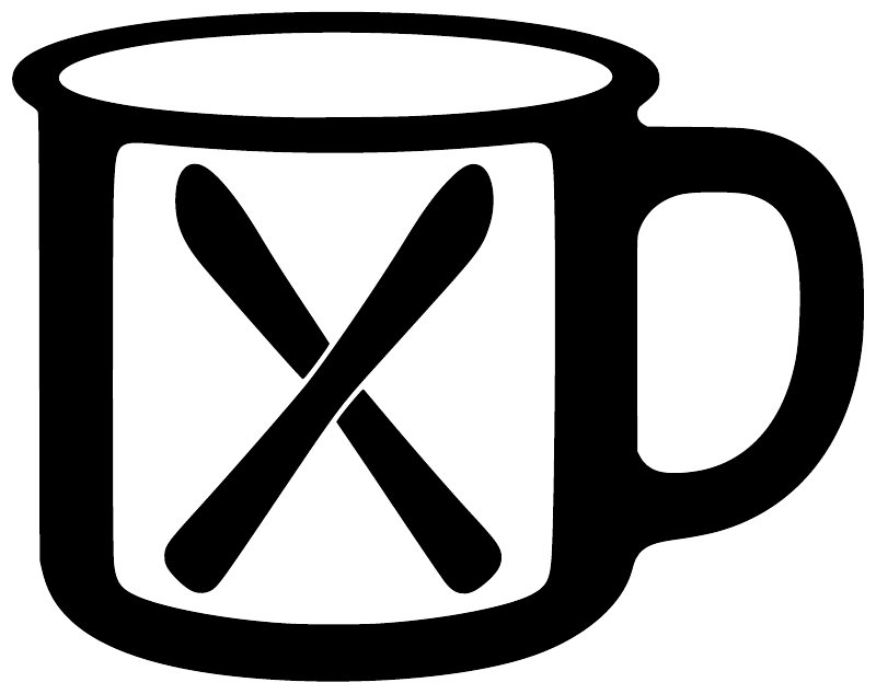 Close-up vinyl decal: black-and-white camp mug with bold X inside.