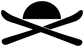 Skiing vinyl decal featuring crossed skis and a semicircle sun, black on white