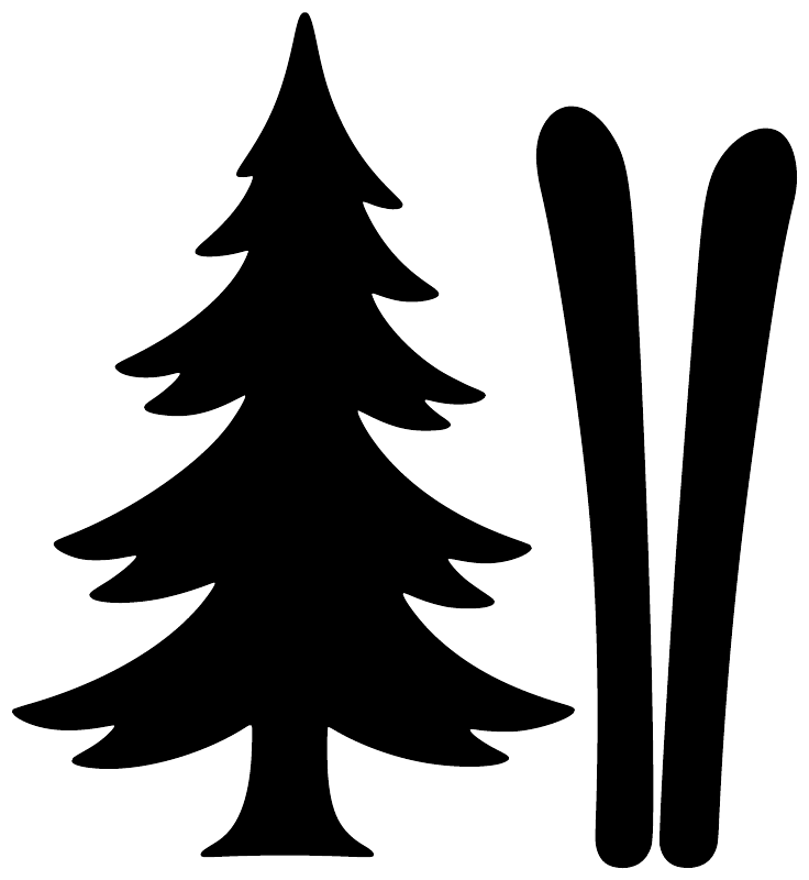 Vinyl decal with black pine tree and two skis on a white background