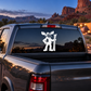 Skiing moose buddy vinyl decal showing white moose with ski pole on car window