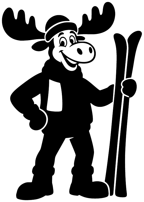 Black-and-white moose skiing buddy vinyl decal with ski pole, full-body sticker