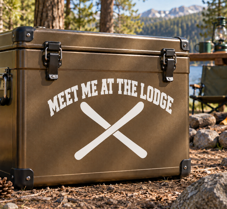 Vinyl decal with "MEET ME AT THE LODGE" text and crossed ski poles