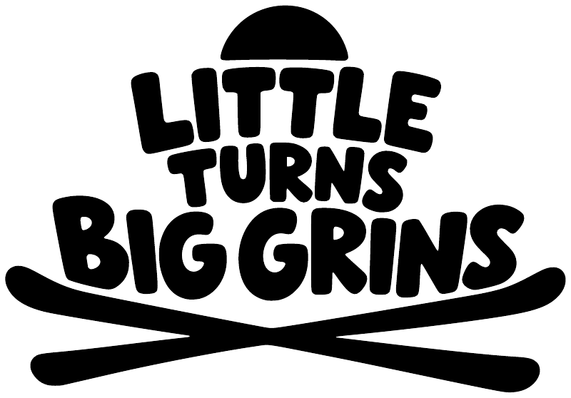 Vinyl decal with black "LITTLE TURNS BIG GRINS" and ski icon on white