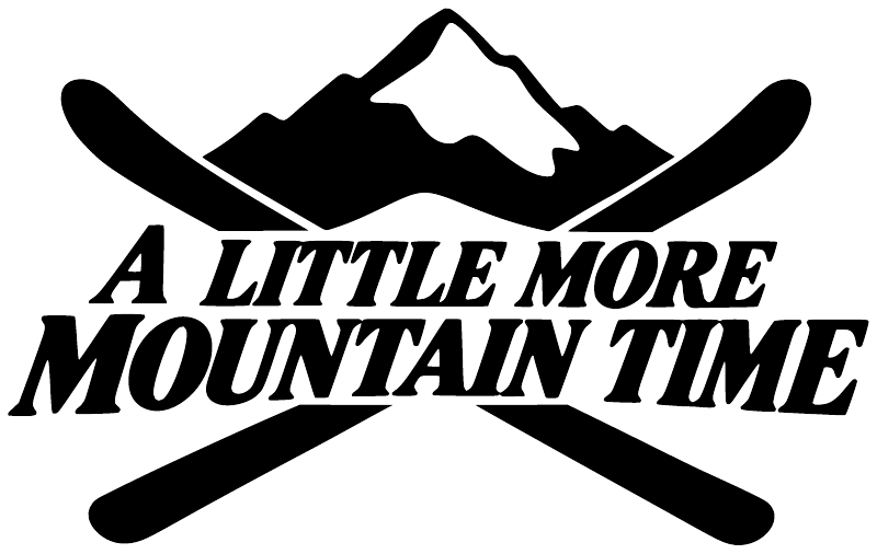 Black and white vinyl decal with mountain, crossed ski poles, and 'A Little More Mountain Time'