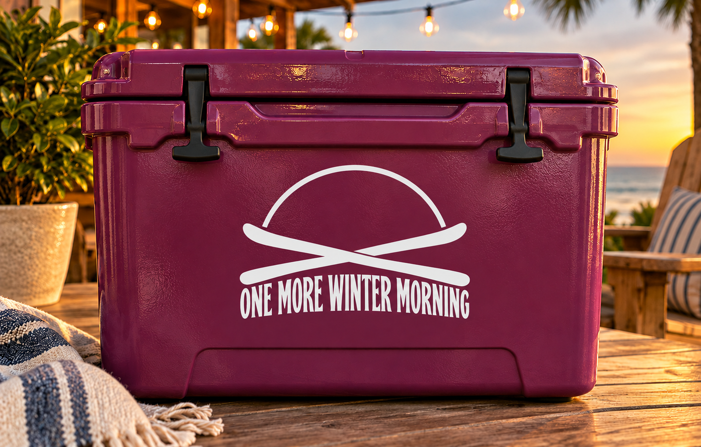 Skiing vinyl decal with white ski icon and 'ONE MORE WINTER MORNING' text
