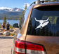 Longhorn feather vinyl decal with white longhorn skull on a car window