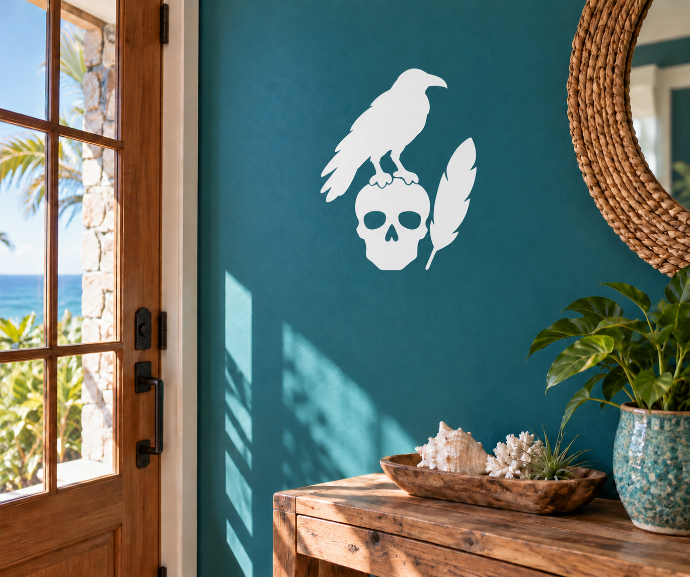 White raven perched on skull with feather plume vinyl decal