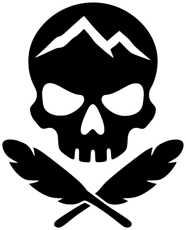 Close-up black skull vinyl decal with mountain peaks, crossed feather shapes and nose