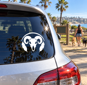 Skull and feather arc vinyl decal on car rear window, white graphic