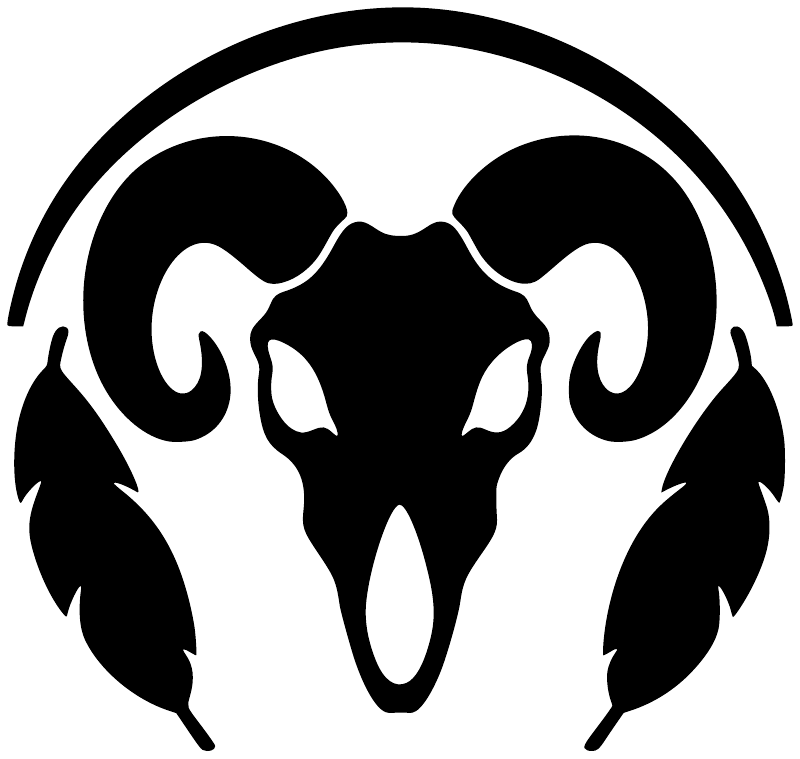 Skull head with black ram horns and feathered arc vinyl decal, high-contrast black and white