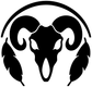 Skull head with black ram horns and feathered arc vinyl decal, high-contrast black and white